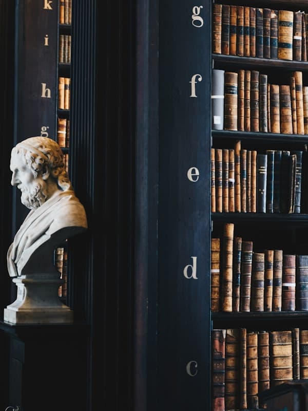 Classical library interior with leather-bound legal volumes and marble bust, evoking the tradition and authority of English legal practice